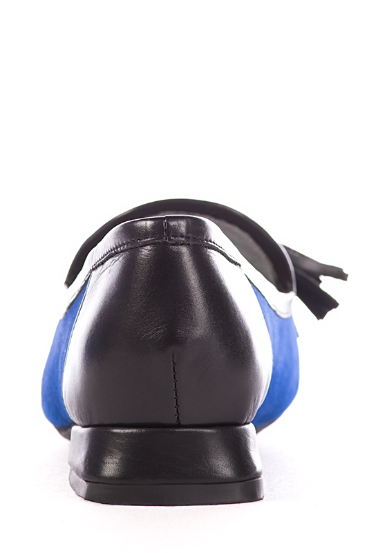 Electric blue and satin black women's loafers with pompons. Pointed toe. Flat flare heels. Worn view - Florence KOOIJMAN