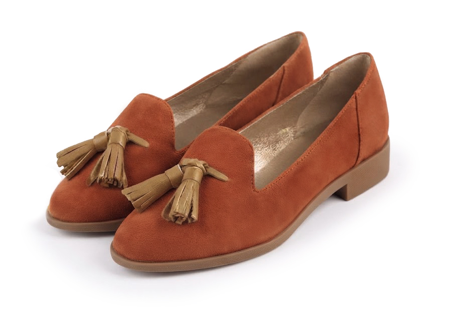 Sophisticated women's tassel loafers finished with delicate leather details, designed for polished business and casual elegance, in terracotta and camel leather with round toe and chunky rubber lug sole