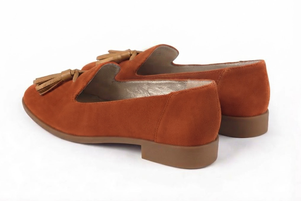 Women's terracotta and camel tassel loafers with round toe and chunky rubber lug sole - Rear view
