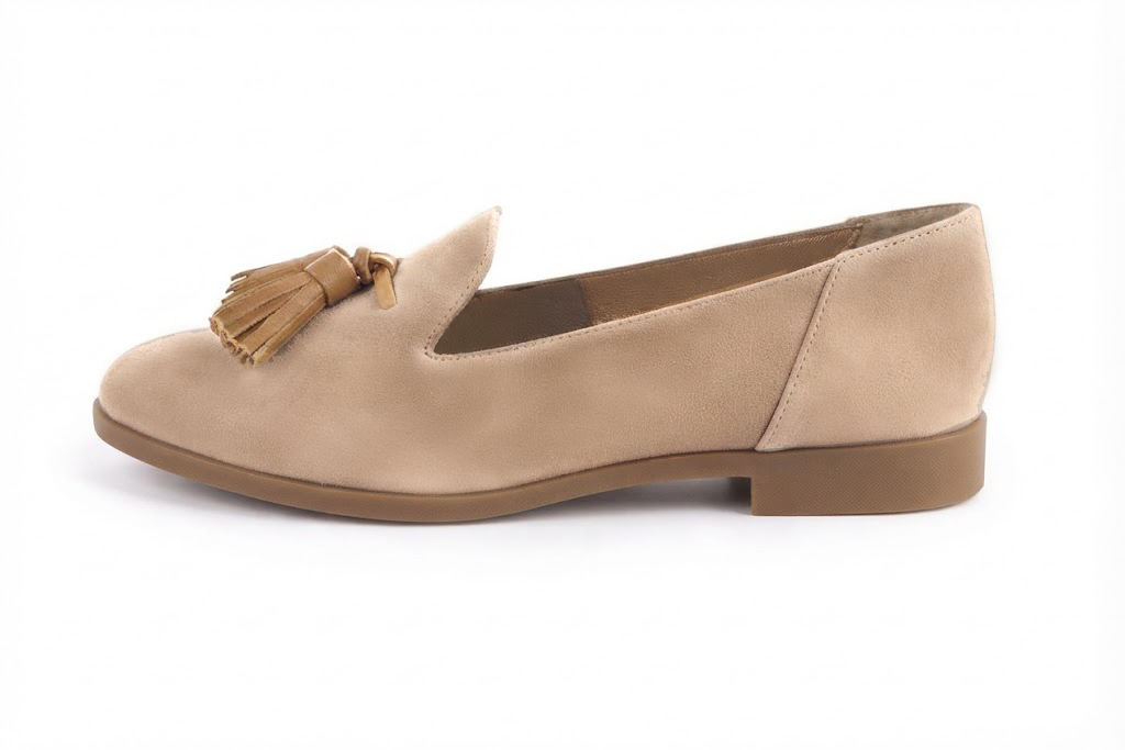 Women's nude and camel tassel loafers with round toe and chunky rubber lug sole - Profile view