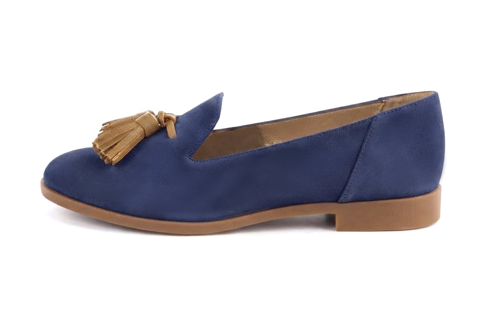 Sophisticated women's tassel loafers finished with delicate leather details, designed for polished business and casual elegance, in indigo blue and camel leather with round toe and chunky rubber lug sole - Florence KOOIJMAN