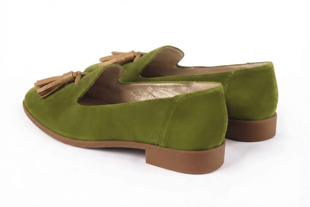 Women's pistachio green and camel tassel loafers with round toe and chunky rubber lug sole - Rear view