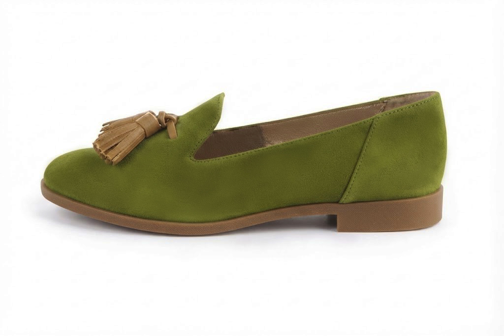 Sophisticated women's tassel loafers finished with delicate leather details, designed for polished business and casual elegance, in pistachio green and camel leather with round toe and chunky rubber lug sole - Florence KOOIJMAN
