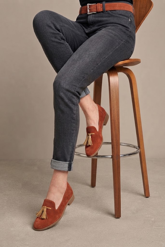Women's terracotta and camel tassel loafers with round toe and chunky rubber lug sole - Top view