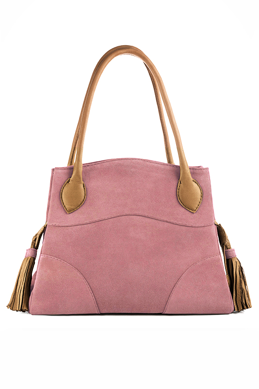 Dusty rose pink and camel beige women's dress handbag, matching pumps and belts. Worn view - Florence KOOIJMAN