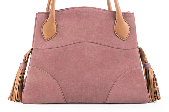 Dusty rose pink and camel beige women's dress handbag, matching pumps and belts. Profile view - Florence KOOIJMAN