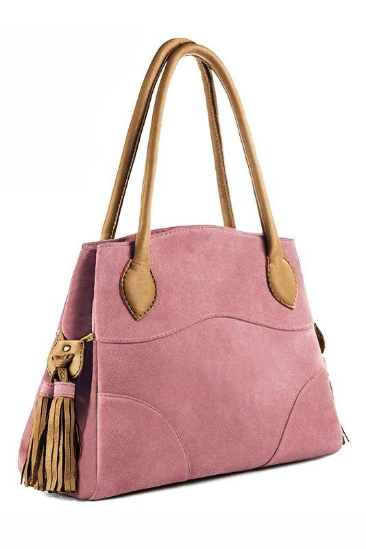 Dusty rose pink and camel beige women's dress handbag, matching pumps and belts. Top view - Florence KOOIJMAN