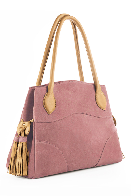 Dusty rose pink and camel beige women's dress handbag, matching pumps and belts. Top view - Florence KOOIJMAN