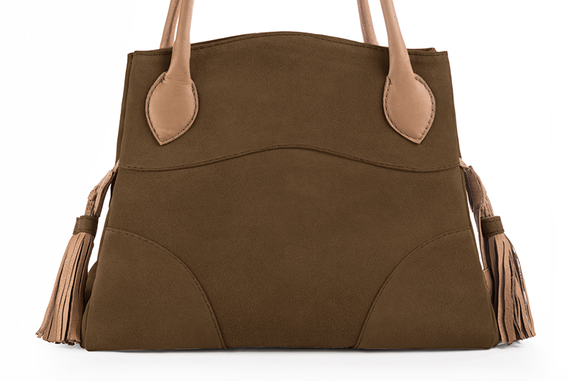 Chocolate brown and camel beige women's large dress handbag, matching pumps and belts - Florence KOOIJMAN