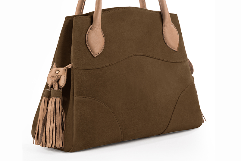 Chocolate brown and camel beige women's dress handbag, matching pumps and belts. Front view - Florence KOOIJMAN