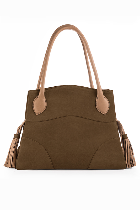 Chocolate brown and camel beige women's dress handbag, matching pumps and belts. Top view - Florence KOOIJMAN