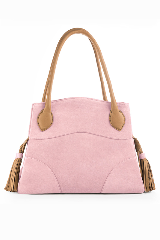 Light pink and camel beige women's dress handbag, matching pumps and belts. Top view - Florence KOOIJMAN