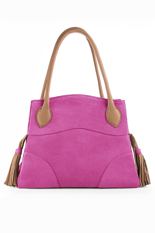 Shocking pink and camel beige women's dress handbag, matching pumps and belts. Worn view - Florence KOOIJMAN