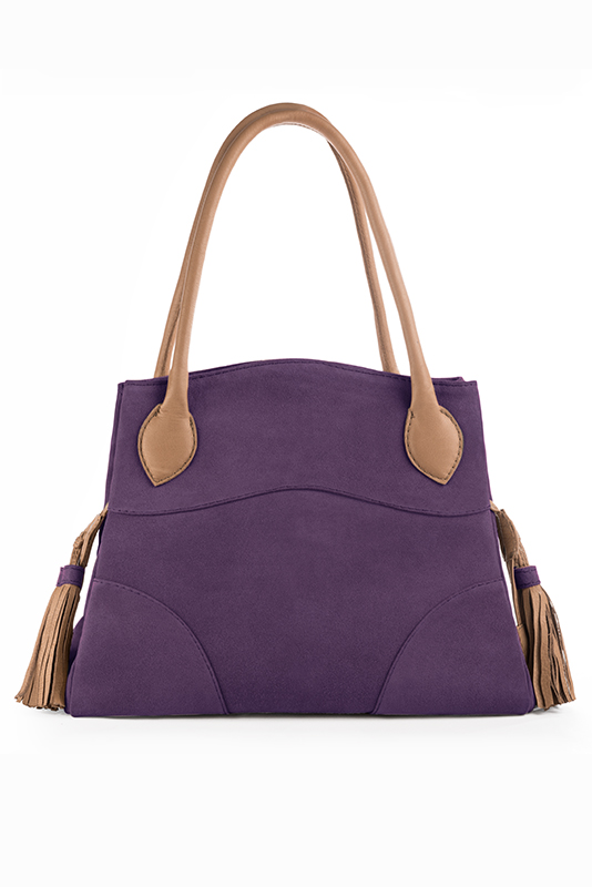 Amethyst purple and camel beige women's dress handbag, matching pumps and belts. Top view - Florence KOOIJMAN