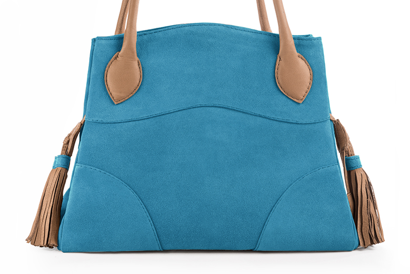 Turquoise blue and camel beige women's dress handbag, matching pumps and belts. Profile view - Florence KOOIJMAN