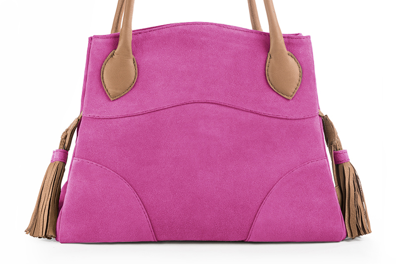 Shocking pink and camel beige women's dress handbag, matching pumps and belts. Profile view - Florence KOOIJMAN