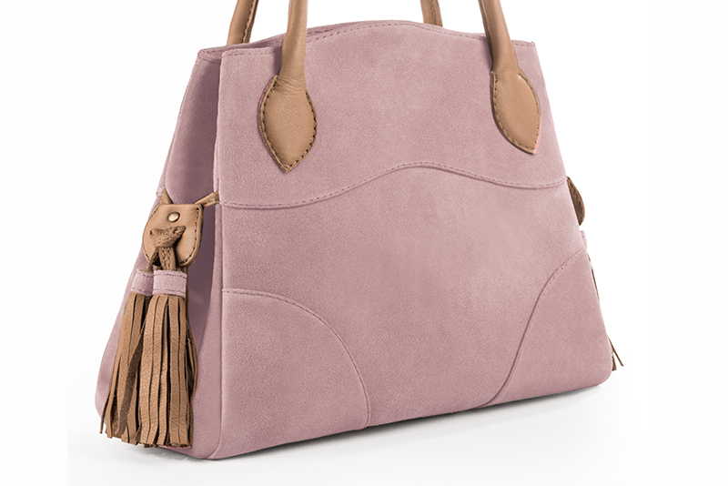 Light pink and camel beige women's dress handbag, matching pumps and belts. Front view - Florence KOOIJMAN