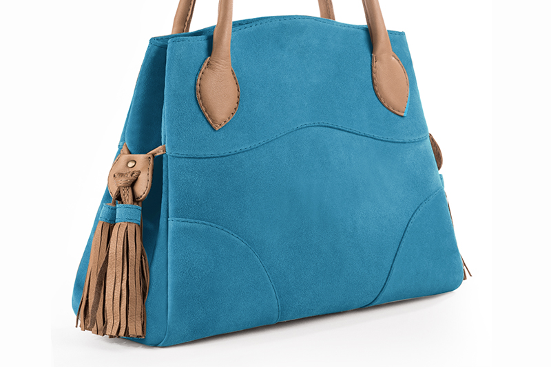 Turquoise blue and camel beige women's dress handbag, matching pumps and belts. Front view - Florence KOOIJMAN