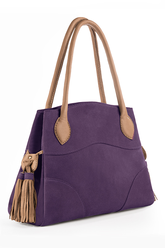 Amethyst purple and camel beige women's dress handbag, matching pumps and belts. Worn view - Florence KOOIJMAN