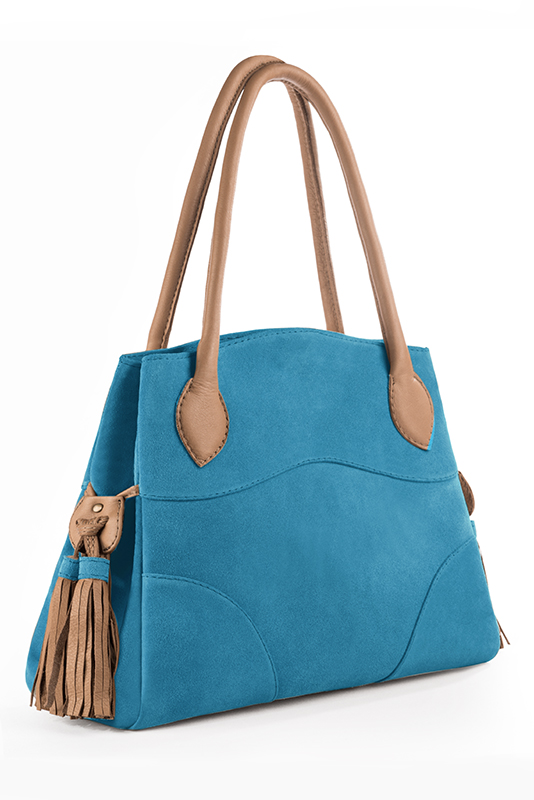 Turquoise blue and camel beige women's dress handbag, matching pumps and belts. Worn view - Florence KOOIJMAN
