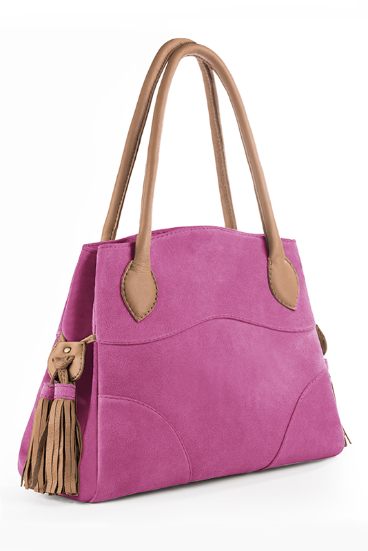 Shocking pink and camel beige women's dress handbag, matching pumps and belts. Top view - Florence KOOIJMAN