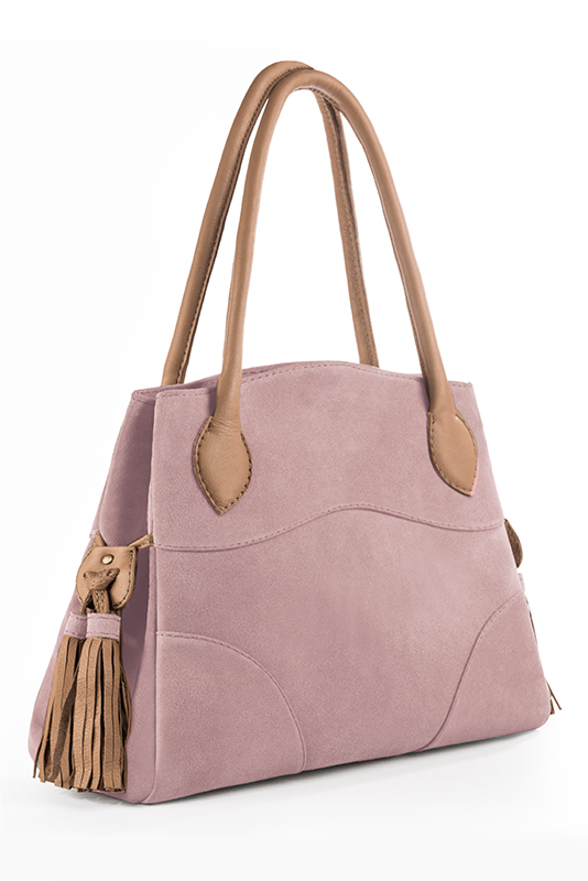 Light pink and camel beige women's dress handbag, matching pumps and belts. Worn view - Florence KOOIJMAN