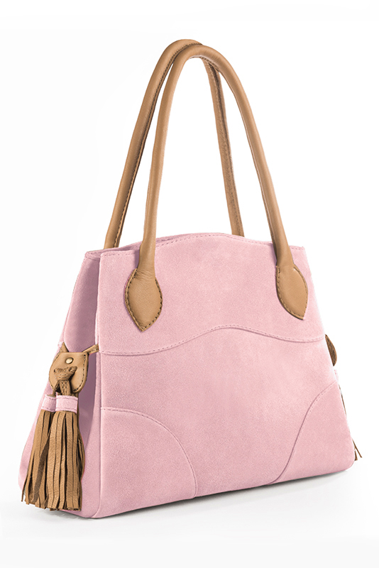 Light pink and camel beige women's dress handbag, matching pumps and belts. Worn view - Florence KOOIJMAN