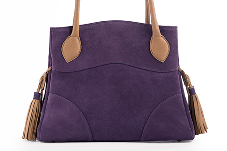 Amethyst purple and camel beige women's dress handbag, matching pumps and belts. Profile view - Florence KOOIJMAN