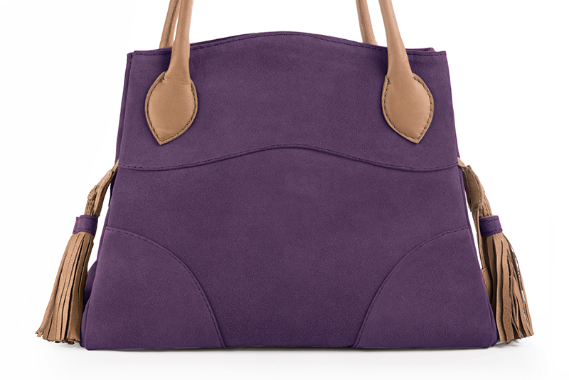 Amethyst purple and camel beige women's dress handbag, matching pumps and belts. Rear view - Florence KOOIJMAN