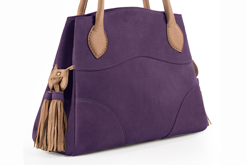 Amethyst purple and camel beige women's dress handbag, matching pumps and belts. Front view - Florence KOOIJMAN