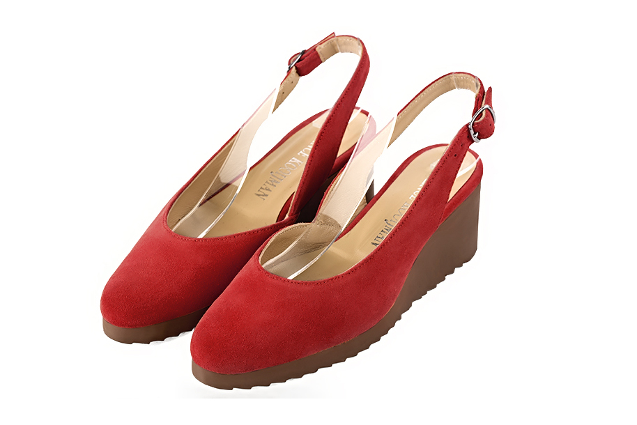Scarlet red slingback elegant shoes. Round toe. Thick rubber soles.