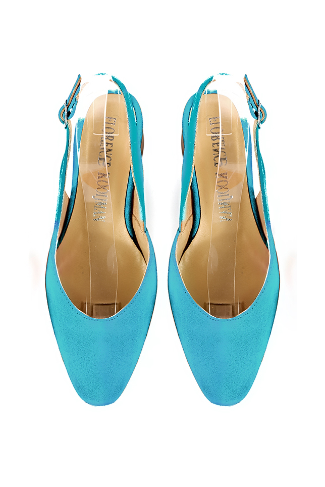 Women's turquoise blue slingback dress shoes. Round toe. Thick rubber soles - Top view