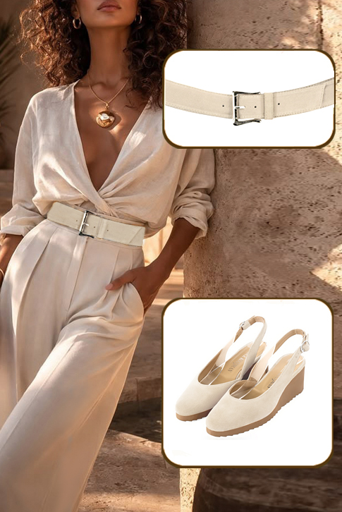 Dress slingback heels in egg shell beige leather with thick rubber soles and round toe - Worn view
