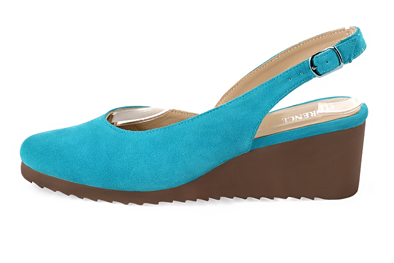 Turquoise blue women's slingback shoes. Round toe. Low rubber soles. Profile view - Florence KOOIJMAN