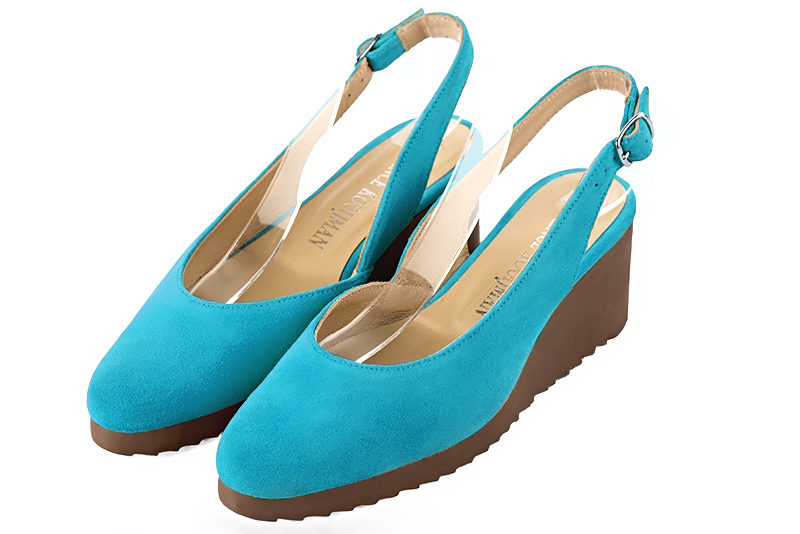 Turquoise blue women's slingback shoes. Round toe. Low rubber soles. Front view - Florence KOOIJMAN