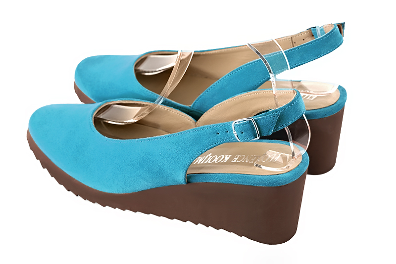 Turquoise blue women's slingback shoes. Round toe. Low rubber soles. Rear view - Florence KOOIJMAN