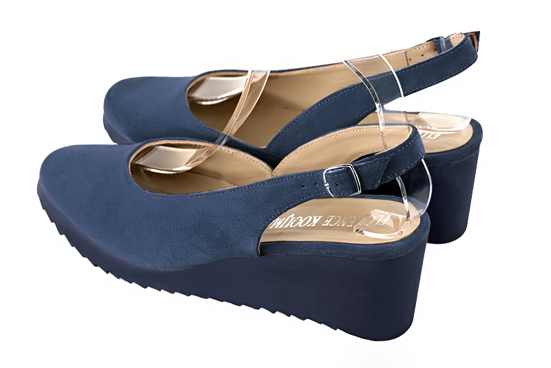Denim blue women's slingback shoes. Round toe. Low rubber soles. Rear view - Florence KOOIJMAN