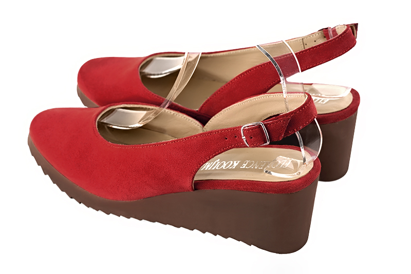 Scarlet red women's slingback shoes. Round toe. Low rubber soles. Rear view - Florence KOOIJMAN