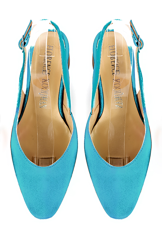 Turquoise blue women's slingback shoes. Round toe. Low rubber soles. Top view - Florence KOOIJMAN