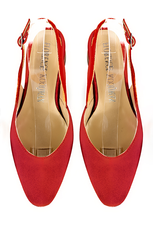 Scarlet red women's slingback shoes. Round toe. Low rubber soles. Top view - Florence KOOIJMAN