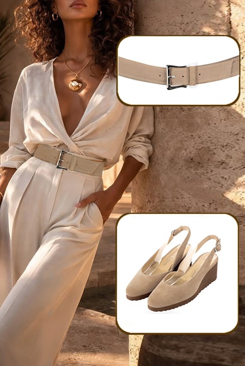 Dress slingback heels in tan beige leather with thick rubber soles and round toe - Top view