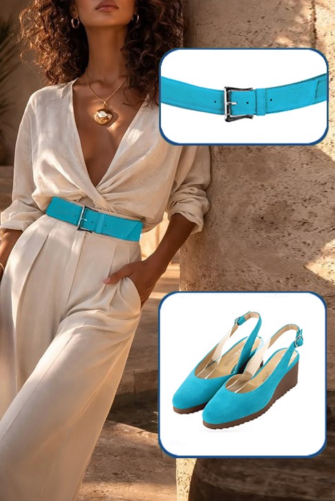 Dress slingback heels in turquoise blue leather with thick rubber soles and round toe - Top view