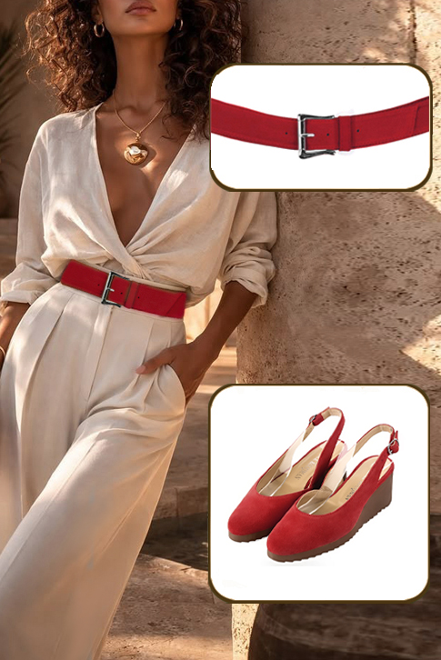 Dress slingback heels in cardinal red leather with thick rubber soles and round toe - Worn view