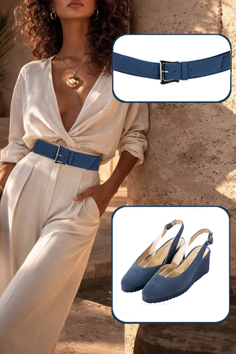 Dress slingback heels in denim blue leather with thick rubber soles and round toe - Worn view