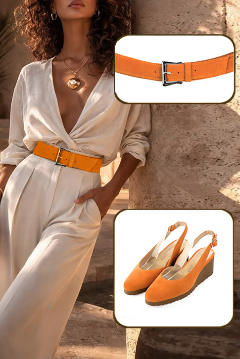 Dress slingback heels in apricot orange leather with thick rubber soles and round toe - Worn view