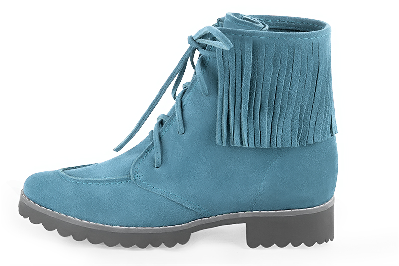 Sky blue women's ankle boots with laces at the front. Round toe. Flat rubber soles. Profile view - Florence KOOIJMAN