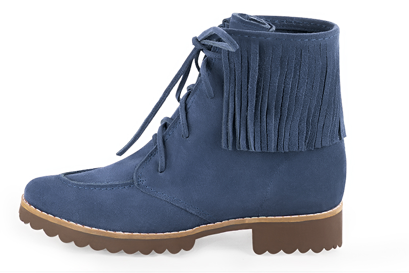 Denim blue women's ankle boots with laces at the front. Round toe. Flat rubber soles. Profile view - Florence KOOIJMAN