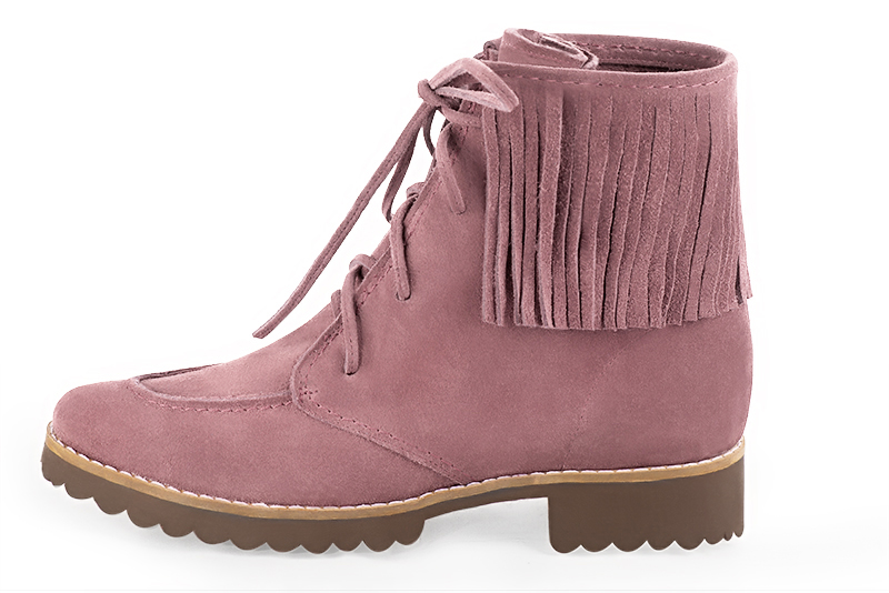 Dusty rose pink women's ankle boots with laces at the front. Round toe. Flat rubber soles. Profile view - Florence KOOIJMAN