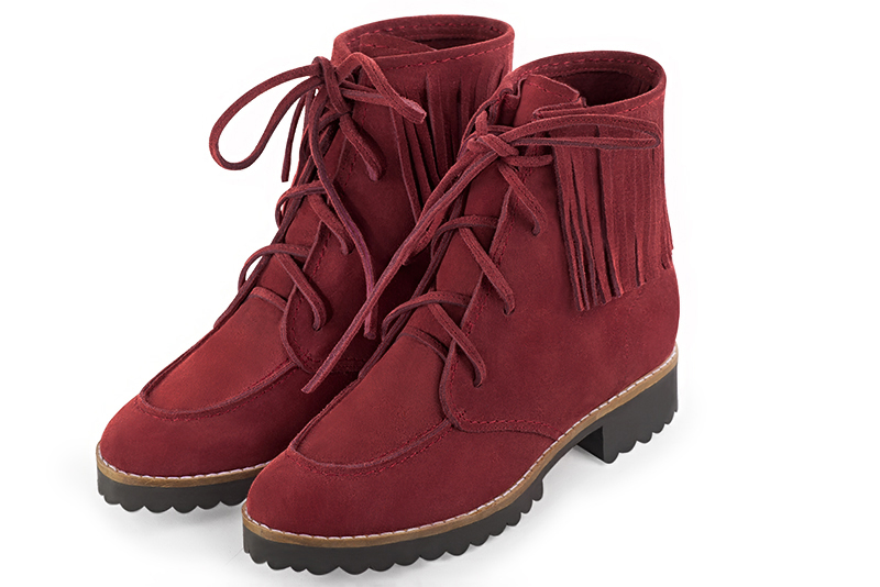 Burgundy red women's ankle boots with laces at the front. Round toe. Flat rubber soles. Front view - Florence KOOIJMAN