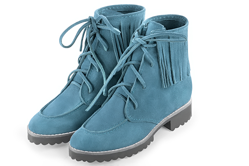 Sky blue women's ankle boots with laces at the front. Round toe. Flat rubber soles. Front view - Florence KOOIJMAN